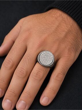 Men’s 2 CTW Diamond 925 Sterling Silver Signet Ring Size 12 Pavé Statement